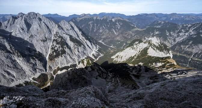 Mountain panorama from the summit of the Gamsjoch, view of Laliderer Tal and Ri&szlig;tal with summit Laliderer Falk, Ri&szlig;tal in the Eng, Karwendel, Tyrol, Austria
