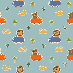 Lion and bear in car cartoon so cute. On tree cactus mountain background. Pattern seamless vector illustration. 