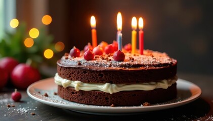 Chocolate layer cake, burning candles, festive decoration, rich, party