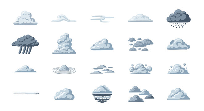 Cloud types flat vector icon set, 15 isolated designs