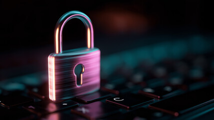 cybersecurity digital padlock hologram, floating above laptop keyboard, neon glow lighting