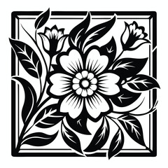Stylized Black and White Floral Design with Square Frame and Leaves Illustration