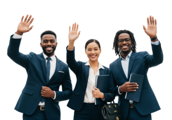 Group of business people waving hands and smiling isolated on white or transparent background