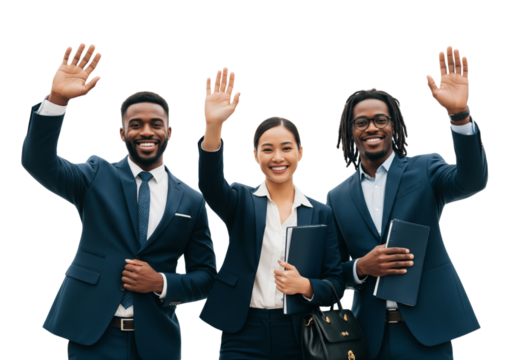 Group of business people waving hands and smiling isolated on white or transparent background
