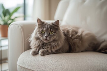 Obraz premium Adorable grey feline resting on a couch indoors