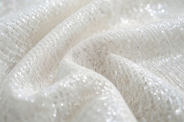 Macro shot of a detailed white textile featuring fine metallic fibers and an even weave pattern.