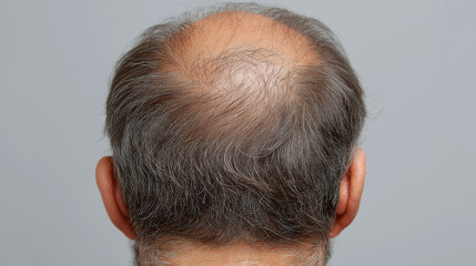 Obraz premium Balding man head rear view showing thinning hair on crown with gray hair and skin visible on scalp in close up