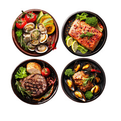 Four plates of different grilled dishes