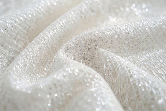 Macro shot of a detailed white textile featuring fine metallic fibers and an even weave pattern. - Powered by Adobe