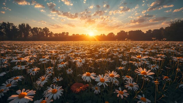 vast daisy flower field in full bloom., Field of daisies under a vibrant cloudy sky , sunset in the field