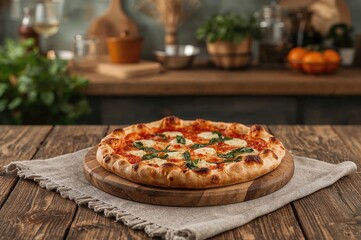 Preparing pizza on a rustic wooden surface with fabric and empty space for writing