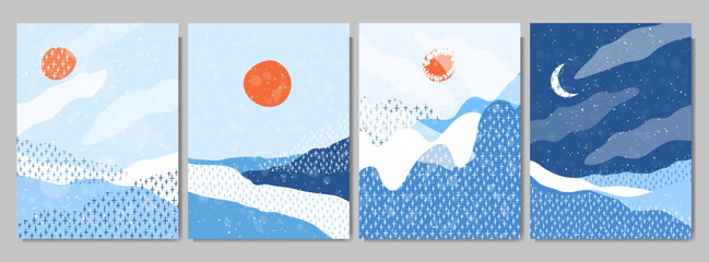 Vector hand drawn illustration. Winter cold snowy season. Abstract flat minimalist design landscape set. Vintage nature graphic with doodle scribbles. Day, night scene. Clear sky. Mountains, forest
