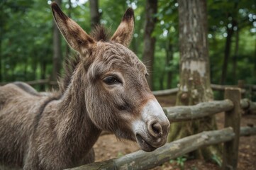 Close-up of a donkey's face with wooden backdrop