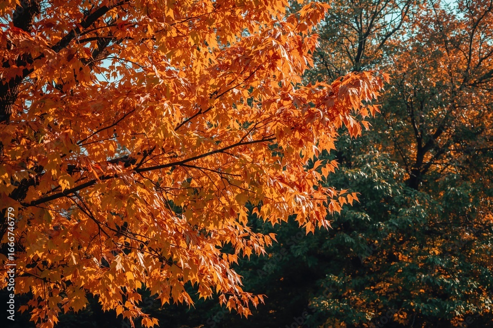 Wall mural close-up of vibrant fall tree leaves in a park with a colorful backdrop