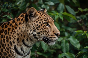Side view of a leopard gazing towards the left