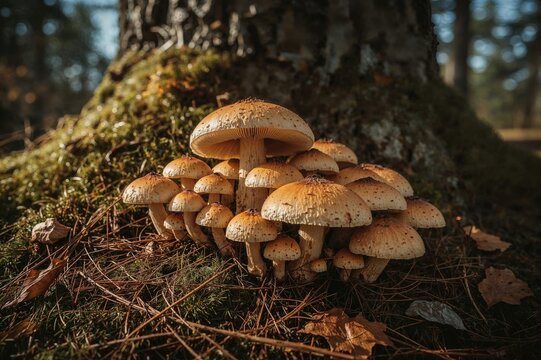 Detailed view of typical Rustgill fungi among pine trees