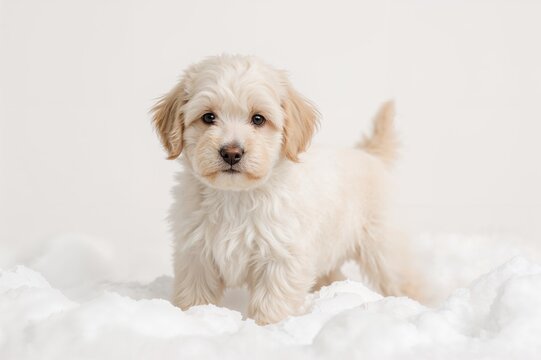Fluffy white mini goldendoodle puppy playing outside in winter