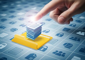 Hand touching a stack of digital documents on a yellow folder, with icons representing data management and network security on a blue grid background