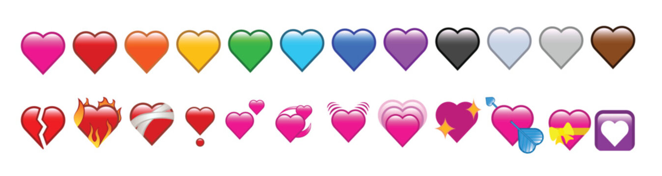 Naklejki Set of hearts and shapes vector graphic on a transparent background. This diverse collection of emojis and emoticons conveys various emotions and designs, ideal for digital projects and social media.