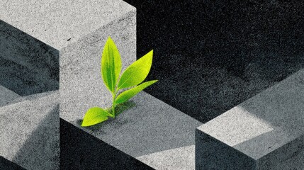 Green sprout emerging from concrete cubes
