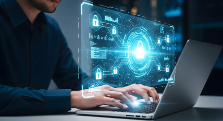 Person Using Laptop, Visualizing Digital Security and Data Protection Network