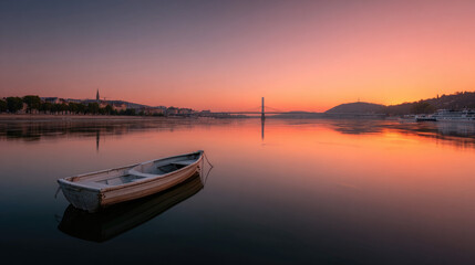 Naklejka premium A tranquil scene of the Danube River at sunset, with a small wooden boat drifting peacefully on the calm water