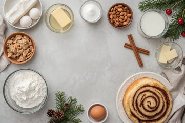 Various components for making a sweet cinnamon pastry on a neutral surface