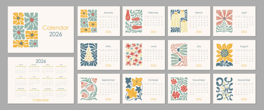 Monthly horisontal flowers wall calendar 2026 design template. Abstract vector illustration floral poster vintage designs. Sunday start annual calendar. Set of 12 months. Cover A4 A3 A2 A5
