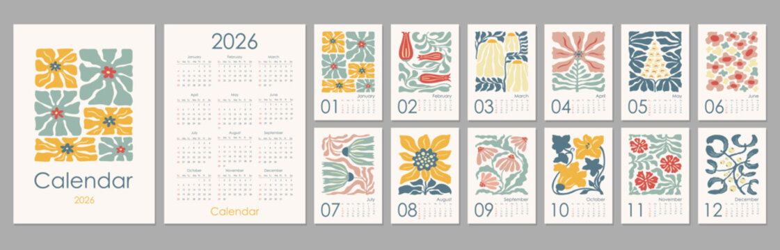 Monthly vertical flowers wall calendar 2026 design template. Abstract vector illustration floral poster vintage designs. Sunday start annual calendar. Set of 12 months. Cover A4 A3 A2 A5