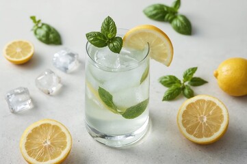 Refreshing summer beverage with cold basil lemonade on a gray backdrop