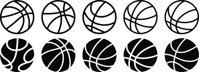 Basketball icon collection, black and white vector balls, sports symbols for logos, web, design, minimal graphics, silhouette illustration