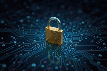 Concept of a security breach in computing with an unlocked lock on a PCB