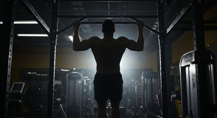 Silhouette of a muscular man doing pull-ups in a dark gym setting