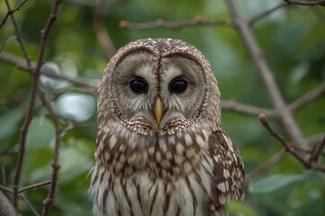Obraz premium Close-up shot of a Barred Owl (Strix varia) on the hunt