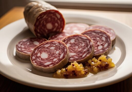 Salame d'Oca di Mortara, traditional Italian goose salami with mostarda