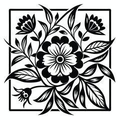 Stylized Floral Design Featuring Flowers and Leaves Framed in a Square Border