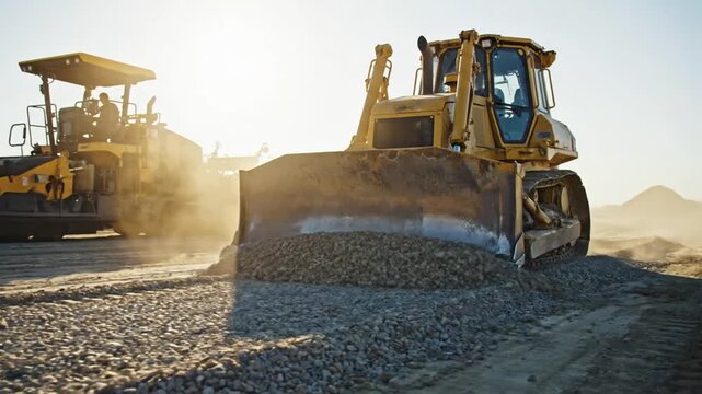 Heavy Construction Machinery in Action on a Construction Site with Earth Moving Equipment Working in Dusty Environment, Industrial Machinery for Infrastructure Development and Civil Engineering