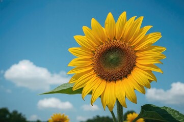 Obraz premium Sunflower Headshot with Clear Blue Background