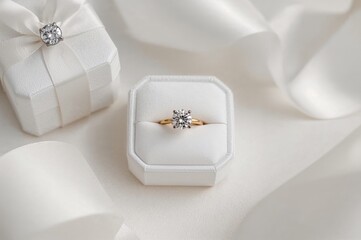 Close-up of a sparkling diamond ring inside an elegant gift box, symbolizing love and beauty