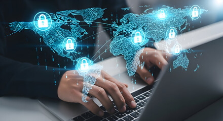 Cybersecurity Protecting Global Digital Data with Network and Padlock Icons