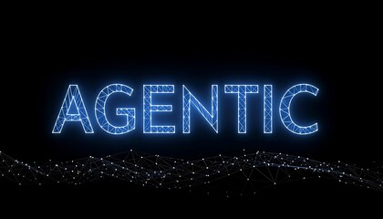 Minimalist AI design with glowing "AGENTIC Ai" text in white mesh lines on black background, futuristic high-contrast geometry digital abstract concept.