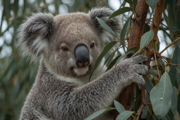 Obraz premium Detailed view of a koala munching eucalyptus foliage atop a tree, highlighting its endearing features and calm nature.