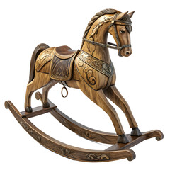 Antique ornate wooden rocking horse with detailed carvings on black background