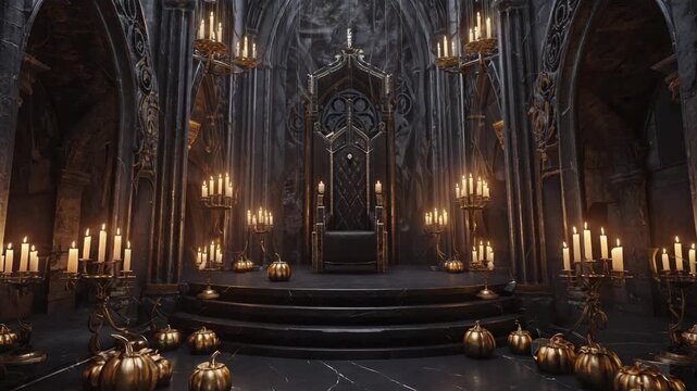 Luxury gothic throne room decorated with golden pumpkins, black chandeliers, candlelight, cinematic spooky royal aesthetic.