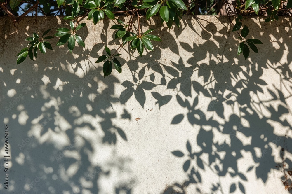 Wall mural shadow patterns of leaves on a textured concrete wall with sunlight filtering through tree branches 