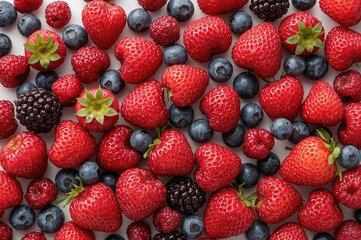 Fototapeta premium Close-up aerial perspective of ripe, juicy fruits and berries on a white surface