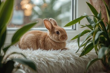 Adorable chestnut rabbit resting on a soft white blanket by the window inside a warm house. Relaxation theme.