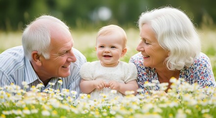 Joyful grandparents share a tender moment with their adorable baby in a sundrenched field of wildflowers, embodying love and generational connection