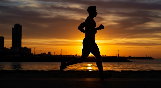 Silhouette of Determined Young Man Running at Sunset for Fitness