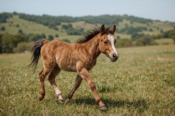 Obraz premium Young horse galloping in a sunny meadow during warm seasons